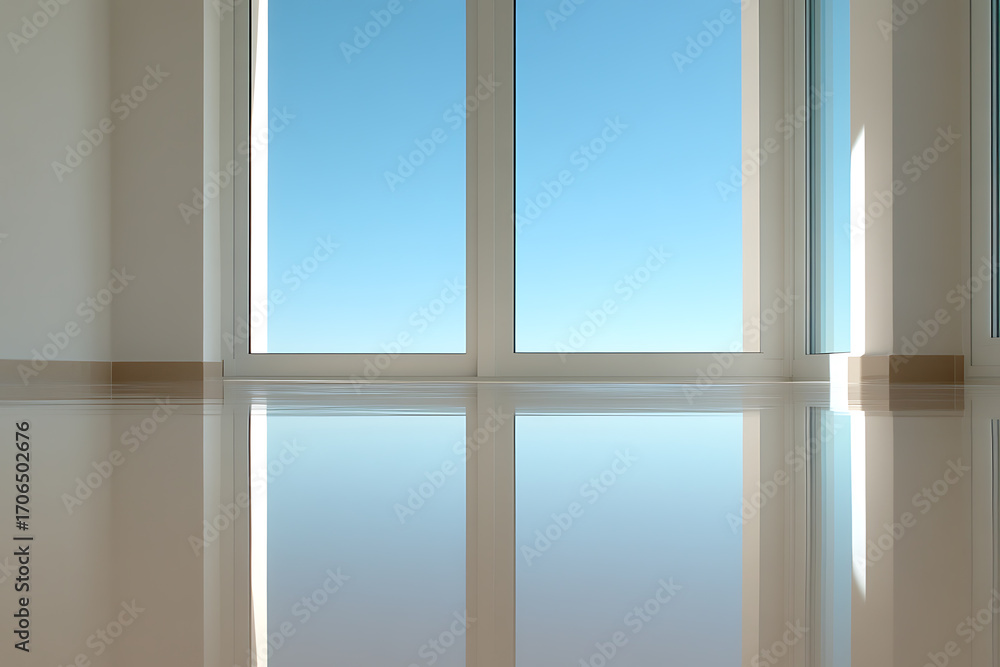 Minimalist interior with large window. Light floods the room ...