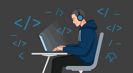 Young Coder Working On Laptop, Surrounded By Code Symbols, Illustration Depicting Program
