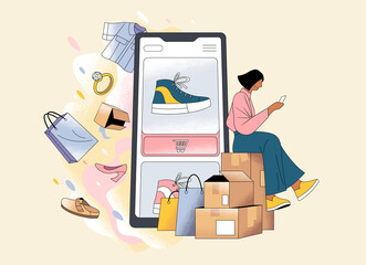 Woman Shopping on Smartphone with Floating Products and Boxes