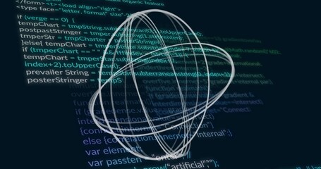 Wall Mural - Pulsing wireframe sphere displaying intersecting rings in virtual console, with scrolling code