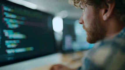 Man programmer coding on a computer monitor. Developer working on creating software application programs for information technology concept.