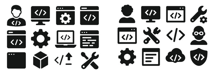 Icons representing programming, coding, and technology concepts in a digital design layout