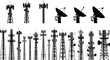 ©  Creative Crafter - Communication towers and satellite dishes silhouettes vector illustration, telecommunication infrastructure icon set, broadcast and signal transmission design, wireless network graphic clipart