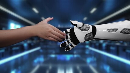 Wall Mural - a human hand reaches out to a robotic hand in a digital environment, symbolizing the interaction bet