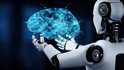 Wall Mural - ai hominoid robot holding virtual hologram screen showing concept of ai brain and artificial intelli