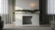 © AlIKY - White brick fireplace with candles and pine garland in cozy living room
