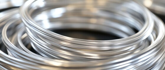 Metallic wire coils shiny silver texture industrial material close up