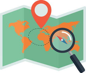 Wall Mural - world map with location pin and magnifying glass exploring geography and navigation concepts in flat