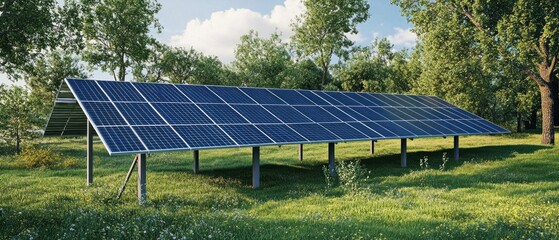 Ground mounted solar panels in a green field sustainable energy technology