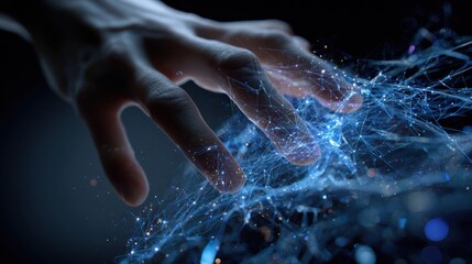 Ethereal Hand Interacting with Glowing Blue Digital Network, Sci-Fi Concept.