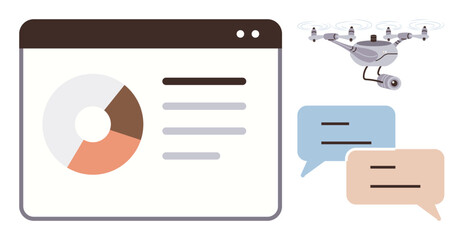 Chart on web browser, quadcopter with camera, and speech bubbles. Ideal for data monitoring, technology, innovation, communication, business analytics and brainstorming. Simple flat metaphor