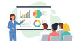 © meeblues - Flat illustration of a businesswoman giving a training presentation with charts and graphs to an audience, focusing on strategy, growth, financial analysis, teamwork, and corporate education