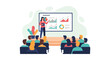 © meeblues - Flat illustration of a businesswoman giving a training presentation with charts and graphs to an audience, focusing on strategy, growth, financial analysis, teamwork, and corporate education