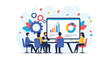 © meeblues - Flat vector illustration of a business team meeting analyzing charts and graphs on a big screen, discussing strategy, growth, performance, and financial data for decision-making and success