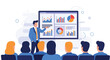 © meeblues - Flat style vector illustration of a businessman giving a presentation with charts and graphs to a team, discussing financial growth, business strategy, marketing performance, and corporate planning