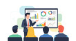 © meeblues - Flat style vector illustration of a businessman giving a presentation with charts and graphs to a team, discussing financial growth, business strategy, marketing performance, and corporate planning