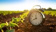 © Genduk - Agricultural timing concept with a classic alarm clock on rich earth in a sprouting crop field during a golden hour sunset