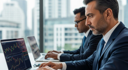 Mature indian ceo business man in suit using pc laptop for trading, looking focused at screen. Middle age latin male entrepreneur businessman working on financial work at desk in office. Copy space