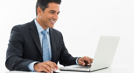 Portrait of middle age mature businessman using pc laptop for business work. Smiling handsome latin older man in formal suit holding wireless desktop computer. Isolated white background, copy space