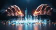 © mikael - Building the future concept. Hands position glowing holographic blocks to construct the framework of a futuristic city skyline.