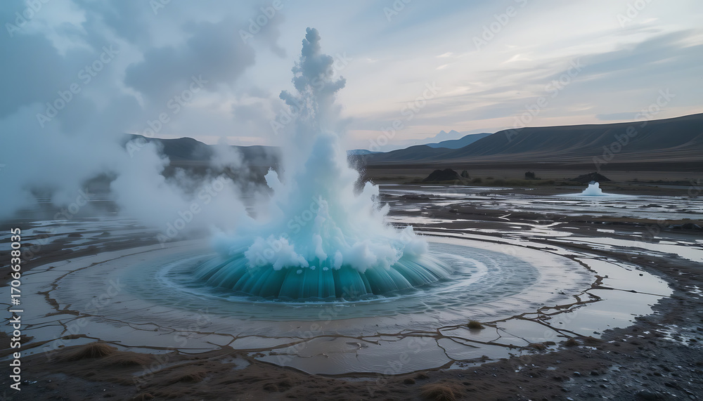 A powerful geyser erupts, shooting a column of turquoise water high ...