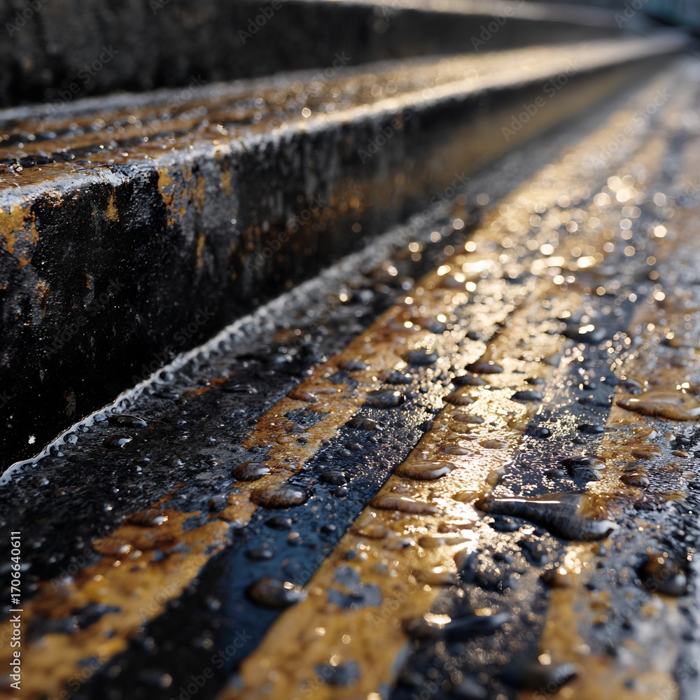 Worn Ridges Macro view of wet stair tread non slip metal ridges water droplets ...