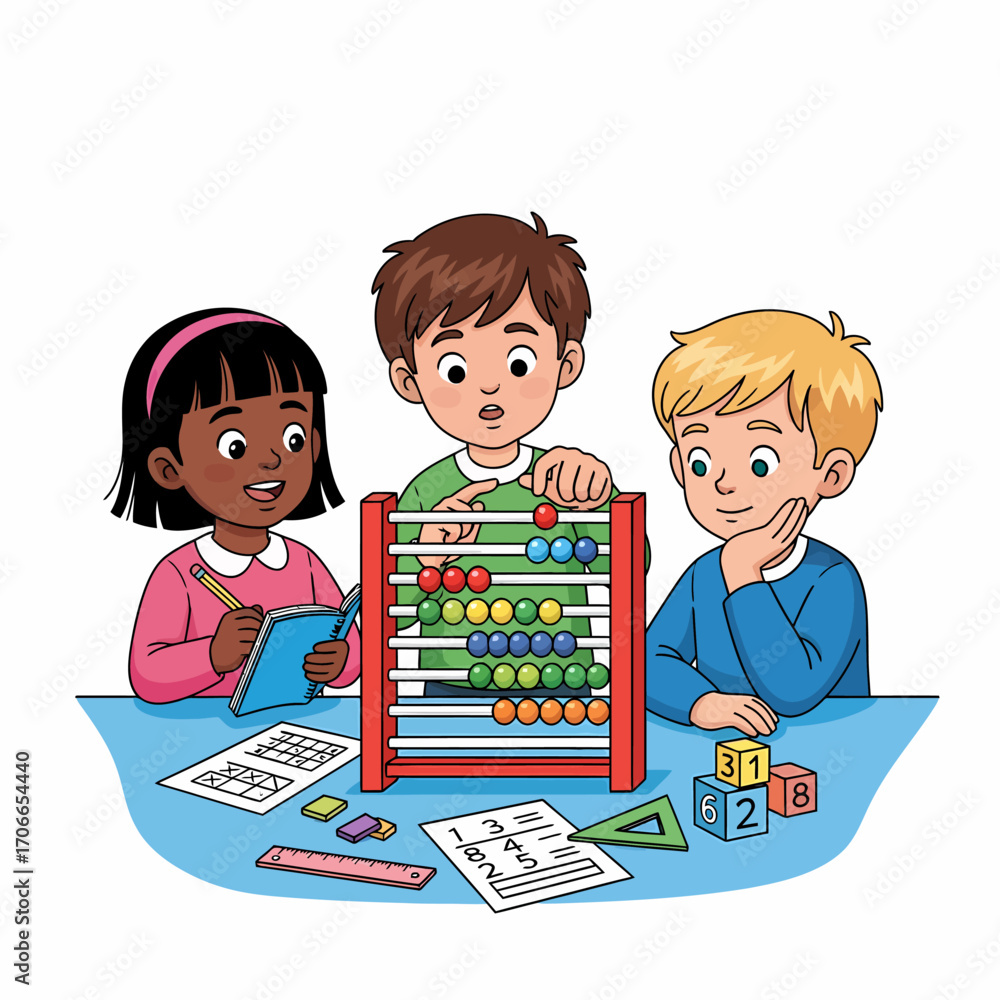 Three diverse children learning mathematics together using an abacus ...