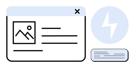Digital window layout with image placeholder, text lines, power bolt icon, and button. Ideal for design, interface, presentation, content, technology web applications and simple flat metaphor