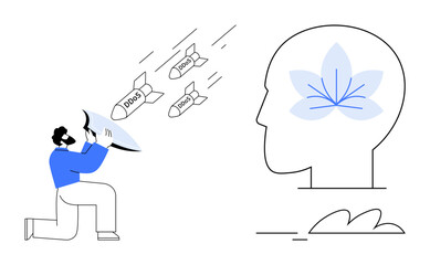 Wall Mural - Person defending against cyber DDoS attacks with a shield while a serene human head symbolizes mental peace. Ideal for cybersecurity, mindfulness, mental health, self-defense, protection, resilience