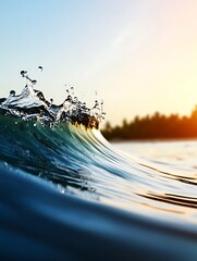 Wall Mural - layout movement shot captivating sunrise wave with water drops and soft light reflection