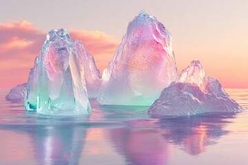 Wall Mural - pastel-colored icebergs float serenely in a calm sea at sunset, reflecting the vibrant sky.