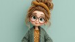 © zeitgenstd - Charming Cartoon Girl with Glasses and Stylish Outfit on a Pastel Background