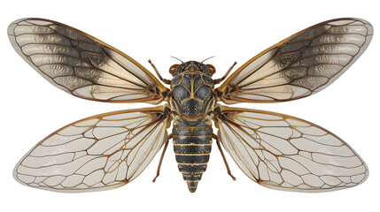 Shot displays cicada with transparent wings isolated on white