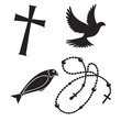 © dada - Collection of christian symbols featuring a cross a dove a fish and rosary beads on a white background