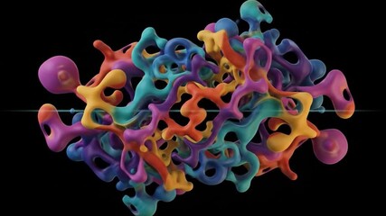An abstract organic sculpture with vibrant swirling colors on a black background