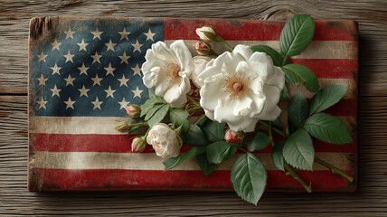 Wall Mural - Patriotic Vintage US Flag Display With White Roses On Wood For Memorial Fourth And Veterans Day