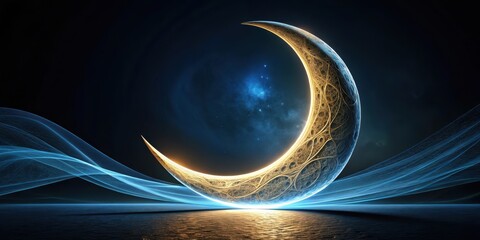 Wall Mural - Crescent Moon Glowing with Intricate Golden Veins Over a Calm Dark Blue Water Surface with Ethereal Light Trails