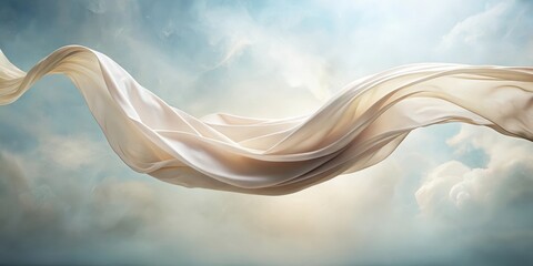 Wall Mural - Elegant cream fabric gracefully flows through a serene sky, creating a captivating and ethereal visual display