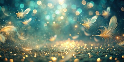 Wall Mural - Enchanted Golden Feathers Floating in a Mystical Teal and Gold Glittering Atmosphere
