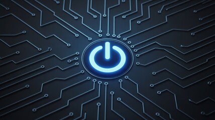 Glowing power button on dark circuit board, technology startup concept