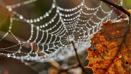 Detailed Dew Covered Cobweb with Autumnal Leaf in Natural Light
