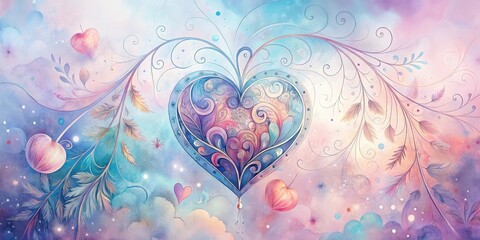 Wall Mural - Ornate Heart Suspended Amidst Whimsical Floral Branches in a Dreamlike Watercolor Setting