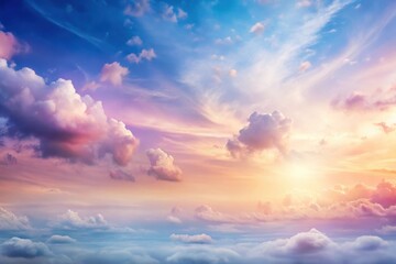 Wall Mural - Dreamlike Celestial Canvas A Serene Panorama of Pastel Clouds and Radiant Sunlight at Dawn
