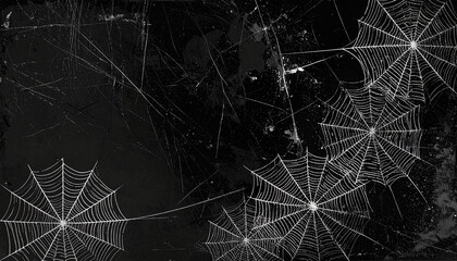 Eerie Cobweb Composition: A captivating monochrome portrayal of delicate spiderwebs in a shadowy embrace, meticulously constructed and elegantly displayed against a dark backdrop.