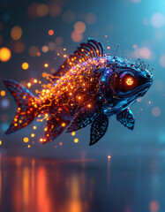 Wall Mural - A vector illustration of an aquatic animal, a glowing fish swimming in a galactic world.