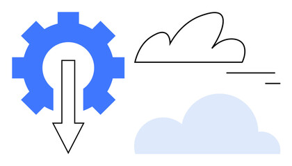 Wall Mural - Gear with downward arrow and stylized clouds representing cloud computing, data download, and integration processes. Ideal for technology, data transfer, cloud services, automation, software