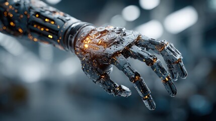 Detailed 3D render of a futuristic robotic hand with intricate mechanical parts and glowing lights