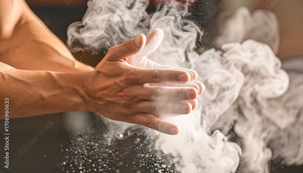 Muscular Arms Clapping Powder with Clouds of Dust Against a Soft Focus ...