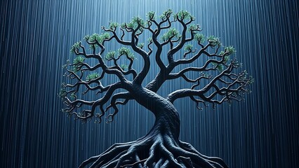 A shattered tree of life sculpture with digital binary rain, symbolizing evolution and technology.