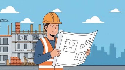 Construction worker reviewing blueprints at a building site with cranes and city skyline in background